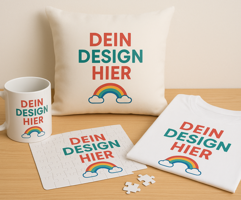 Produktdesign mit bunten Regenbögen und dem Text „DEIN DESIGN HIER“ auf mehreren Artikeln.